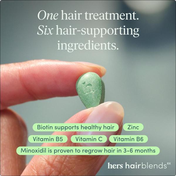 A close-up product shot featuring a single hair supplement held by fingertips, with text overlays clearly listing key active ingredients and their benefits.